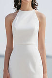 Satin Sheath Halter Ivory Maxi Rehearsal Dinner Dress with Slit