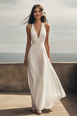 Zapaka Women Ivory Beach Engagement Dress Chiffon Halter Maxi Sheath Wedding Reception Dress, Ivory / US12