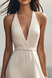 Chiffon Halter A Line Ivory Maxi Rehearsal Dinner Dress