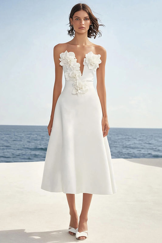 Satin Floral Strapless Ivory Maxi Rehearsal Dinner Dress