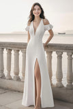 Ivory Sheath Ruffled Maxi Satin Rehearsal Dinner Dress with Slit