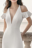 Ivory Sheath Ruffled Maxi Satin Rehearsal Dinner Dress with Slit