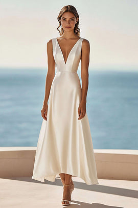 Simple Ivory Satin A Line Maxi Rehearsal Dinner Dress