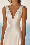 Simple Ivory Satin A Line Maxi Rehearsal Dinner Dress