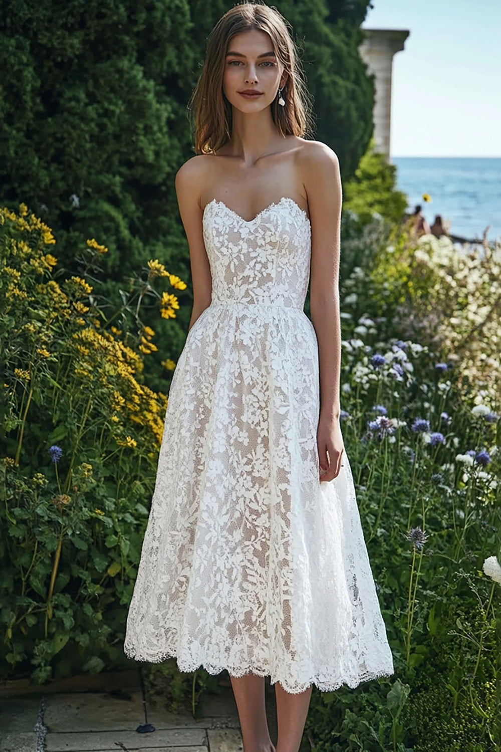 ZAPAKA Women Ivory Lace A-Line Strapless Corset Engagement Dress Bachelorette Dress, Ivory / US16