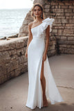 Ivory Ruffled One Shoulder Maxi Satin Rehearsal Dinner Dress with Slit