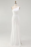 Ivory Ruched One Shoulder Maxi Chiffon Rehearsal Dinner Dress with Slit