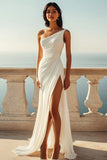 Ivory Maxi Chiffon Rehearsal Dinner Dress with Slit Ruched One Shoulder Sheath Wedding Reception Dress