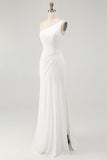 Ivory One Shoulder Chiffon Maxi Ruched Rehearsal Dinner Dress with Slit