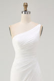 Ivory One Shoulder Chiffon Maxi Ruched Rehearsal Dinner Dress with Slit