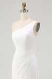 Ivory One Shoulder Chiffon Maxi Ruched Rehearsal Dinner Dress with Slit