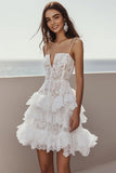Ivory Lace Corset A Line Short Bachelorette Dress with Ruffles