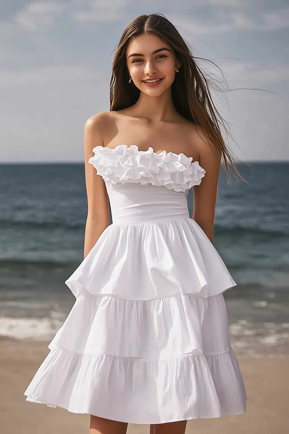 Ivory Strapless Tiered Short Bachelorette Dress with Ruffles