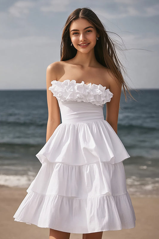 Ivory Strapless Tiered Short Bachelorette Dress with Ruffles
