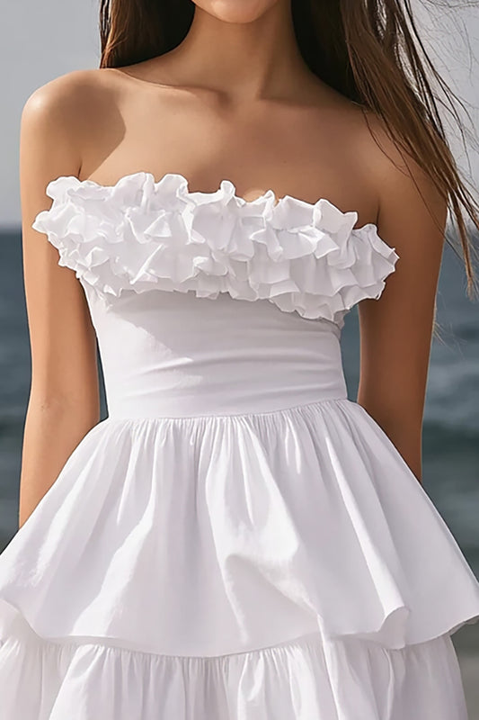Ivory Strapless Tiered Short Bachelorette Dress with Ruffles