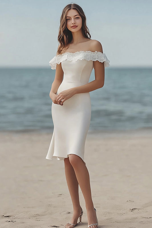 Ivory Satin Bodycon Midi Bridal Shower Dress with Lace