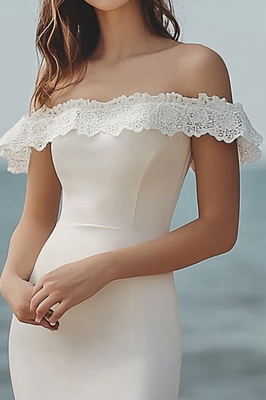 Ivory Satin Bodycon Midi Bridal Shower Dress with Lace
