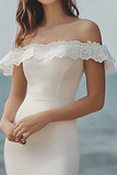 Ivory Satin Bodycon Midi Bridal Shower Dress with Lace