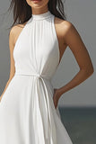 Chiffon Ivory High-Neck Maxi Rehearsal Dinner Dress with Sash