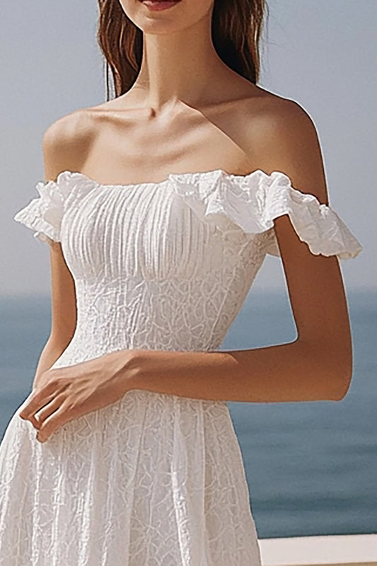Ivory Off the Shoulder Lace Maxi Wedding Reception Dress with Ruffles