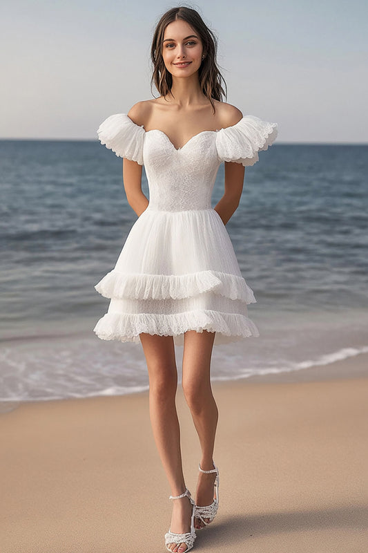 Lace Ivory Tiered Short Bachelorette Dress with Ruffles