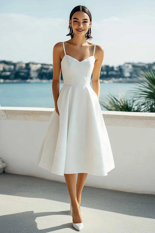 Satin Simple Spaghetti Straps A Line Ivory Midi Bridal Shower Dress