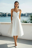 Satin Simple Spaghetti Straps A Line Ivory Midi Bridal Shower Dress
