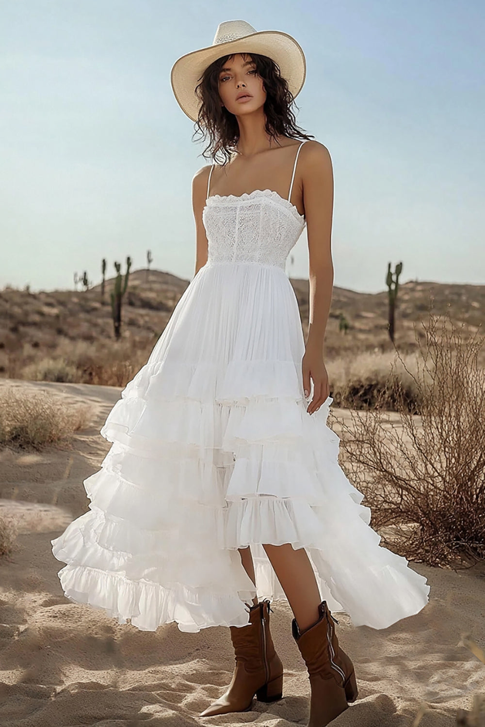 Ivory Corset Tiered Boho Maxi Western Wedding Dress with Lace