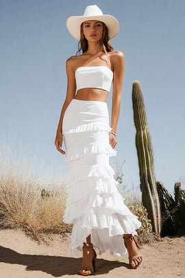Ivory 2 Piece Tiered Maxi Boho Western Wedding Dress with Ruffles