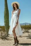 Ivory A Line Midi Boho Western Wedding Dress with Slit