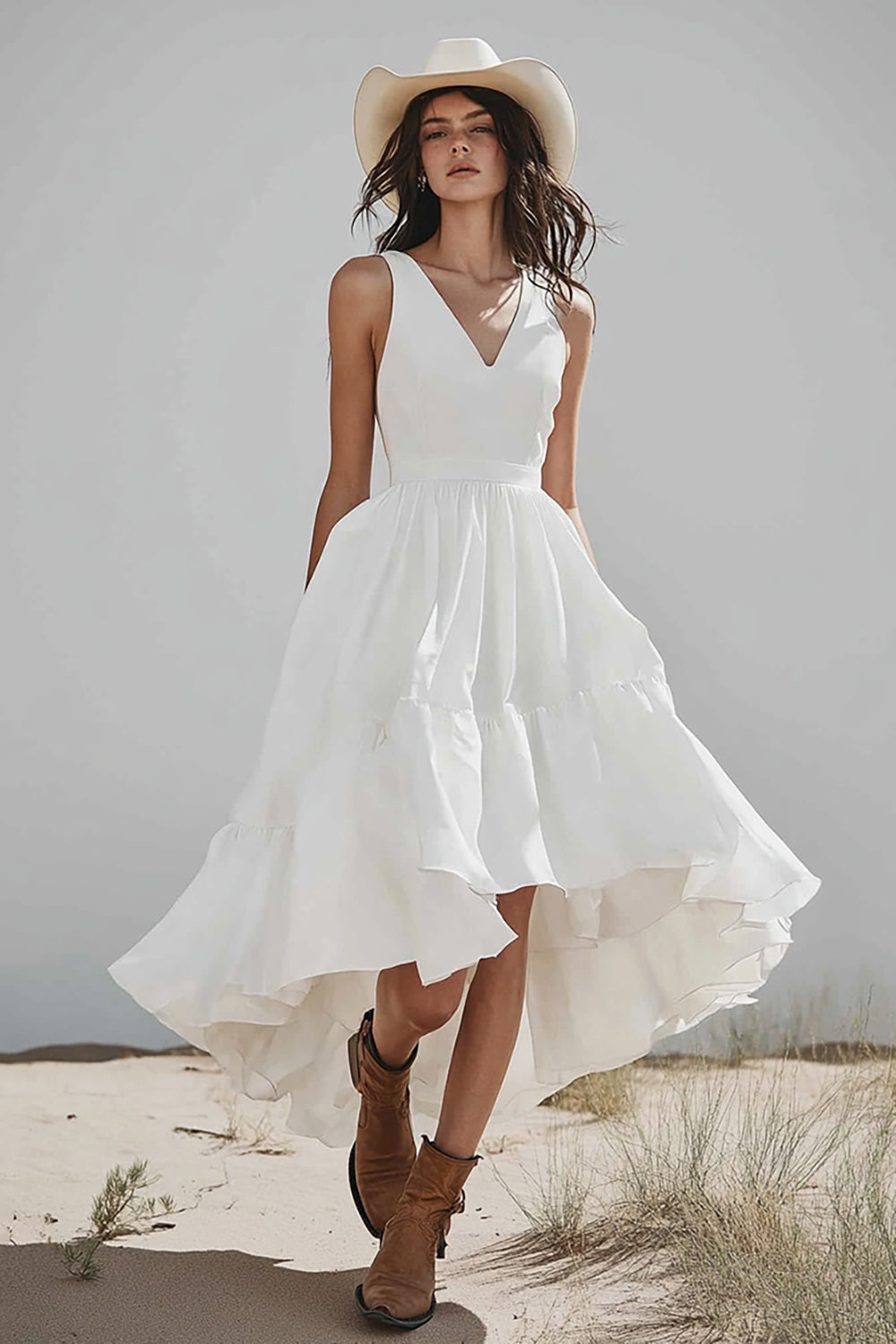 Ivory A Line High-Low Boho Western Wedding Dress