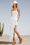 Ivory Strapless Asymmetrical Boho Western Wedding Dress with Ruffles
