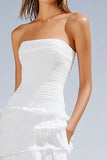 Ivory Strapless Asymmetrical Boho Western Wedding Dress with Ruffles