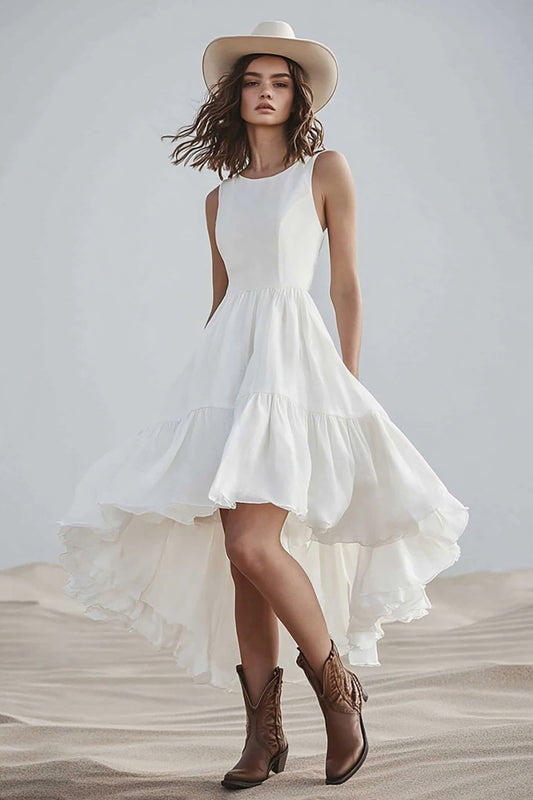 Ivory High-Low Boho Western Wedding Dress A Line Round Neck Cowgirl Wedding Dress
