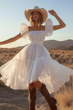 Ivory Square Neck Midi Boho Western Wedding Dress with Ruffles