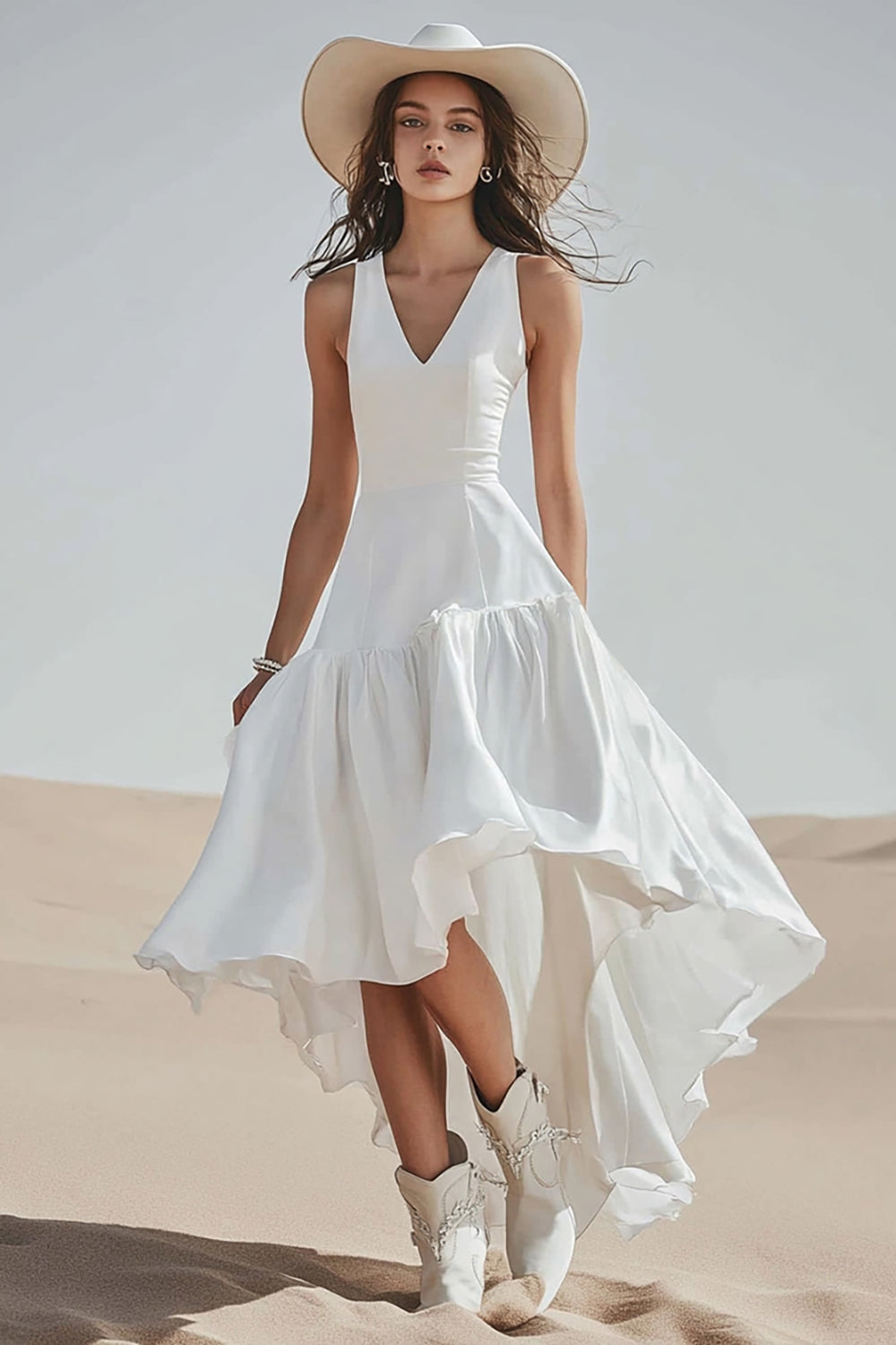 Ivory A Line V-Neck High-Low Boho Western Wedding Dress