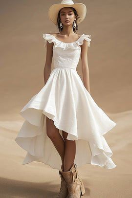 Ivory Boat Neck High-Low Boho Western Wedding Dress with Ruffles