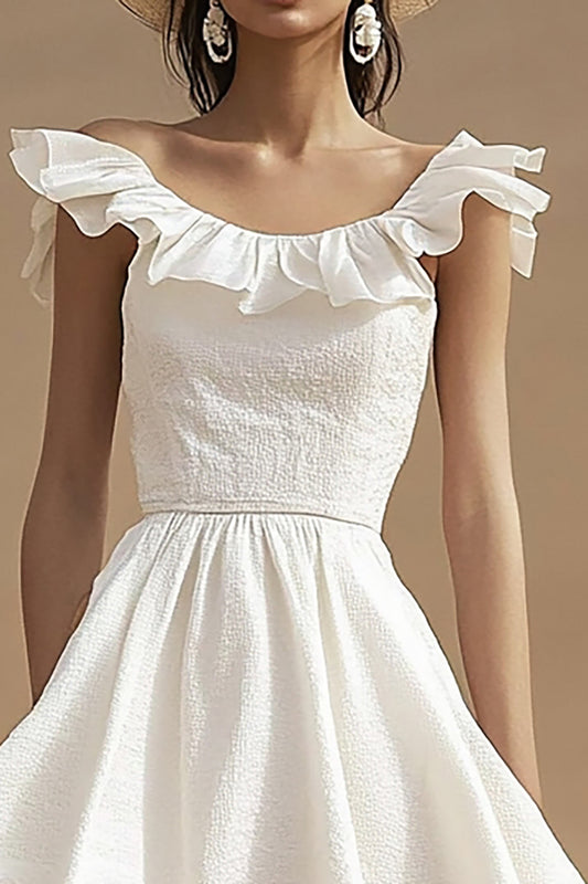 Ivory Boat Neck High-Low Boho Western Wedding Dress with Ruffles