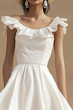 Ivory Boat Neck High-Low Boho Western Wedding Dress with Ruffles