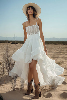 Ivory High-Low Boho Western Wedding Dress with Lace Chiffon A Line Spaghetti Straps Cowgirl Wedding Dress with Ruffles