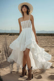 Ivory High-Low Boho Western Wedding Dress with Lace Chiffon A Line Spaghetti Straps Cowgirl Wedding Dress with Ruffles