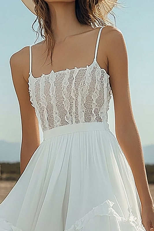 Ivory High-Low Chiffon Boho Western Wedding Dress with Lace