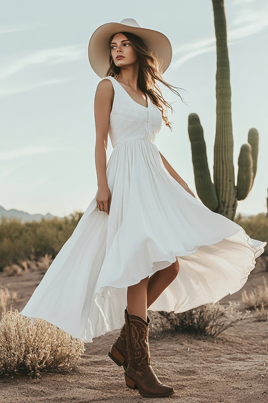 Ivory Boho Western Wedding Dress A Line V-Neck Asymmetrical Cowgirl Wedding Dress with Lace