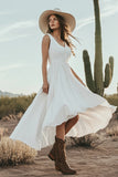 Ivory Boho Western Wedding Dress A Line V-Neck Asymmetrical Cowgirl Wedding Dress with Lace