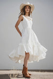 Ivory Scoop Neck Satin Midi Boho Western Wedding Dress