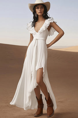 Ivory Ruffled Asymmetrical Boho Western Wedding Dress with Sash