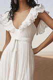 Ivory Ruffled Asymmetrical Boho Western Wedding Dress with Sash