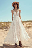 Ivory Lace Spaghetti Straps Maxi Boho Western Wedding Dress