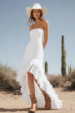 Strapless Ivory High-Low Boho Western Wedding Dress with Ruffles
