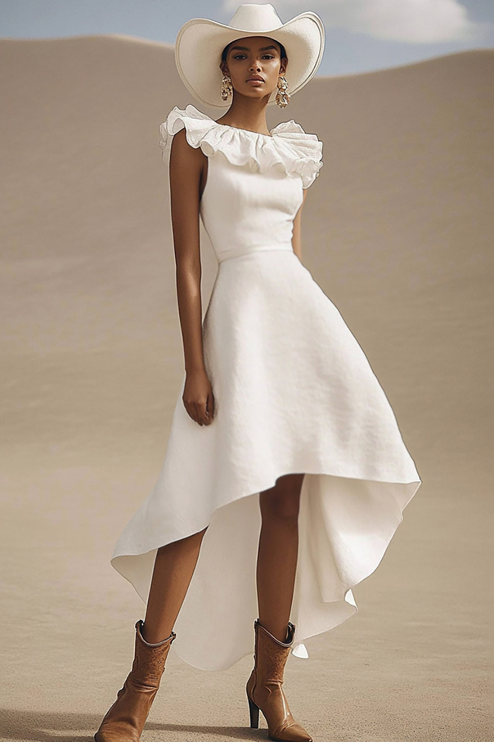 Ivory High-Low A Line Boho Western Wedding Dress with Ruffles